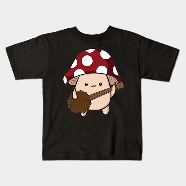 Cottagecore Aesthetic Cute Mushroom Playing Banjo Kids T-Shirt by Alex21